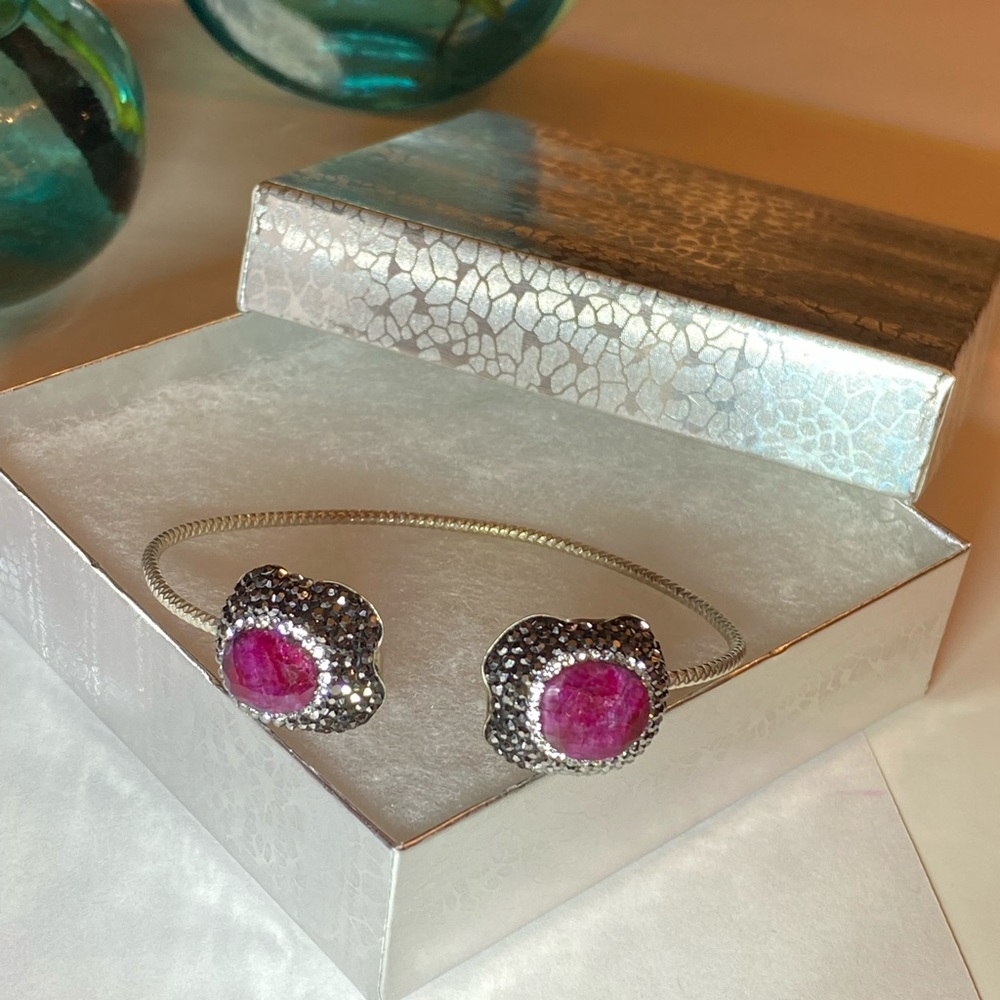 Rough Ruby Silver Victorian Cuff Bracelet - image 2